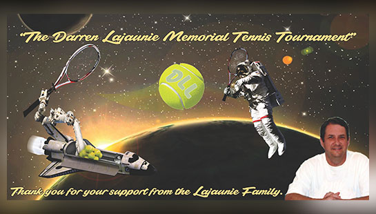 A poster of an astronaut and tennis ball.